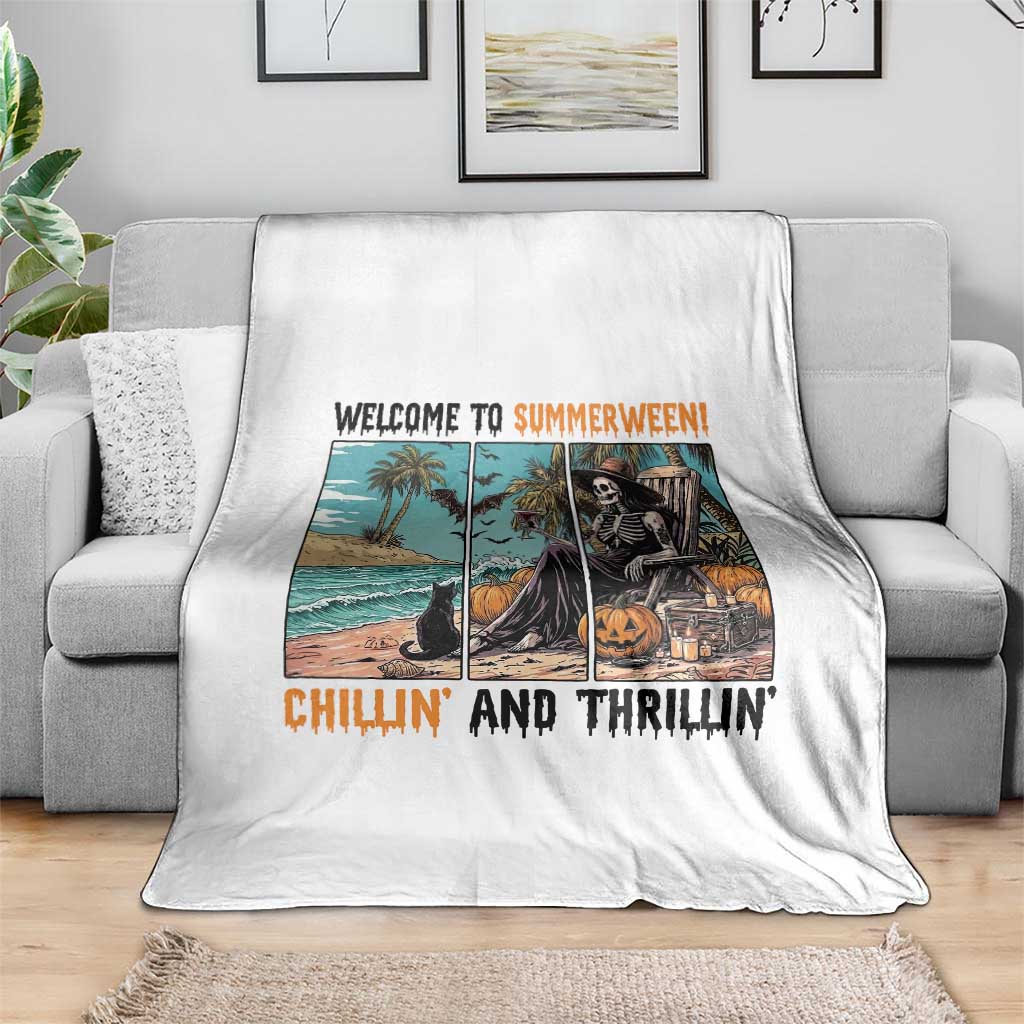 Welcome To Summerween Chillin And Thrillin Throw Blanket Spooky Beach Party Gift