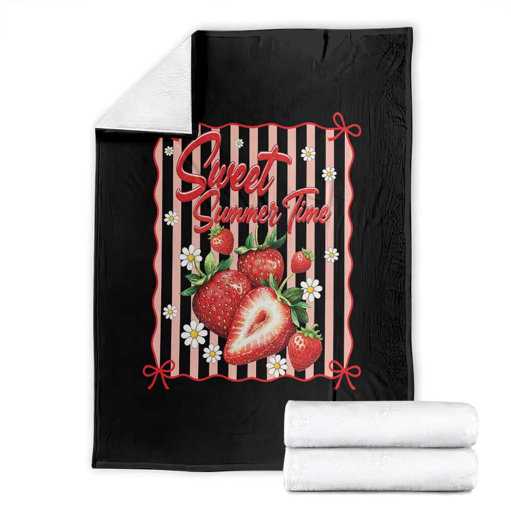 Striped Summer Strawberry Throw Blanket Preppy Beach Vibes Graphic