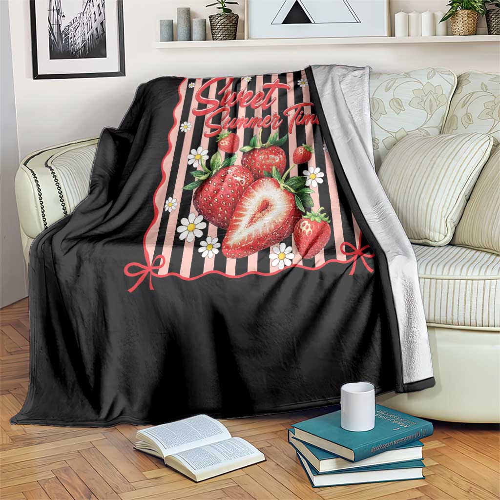 Striped Summer Strawberry Throw Blanket Preppy Beach Vibes Graphic