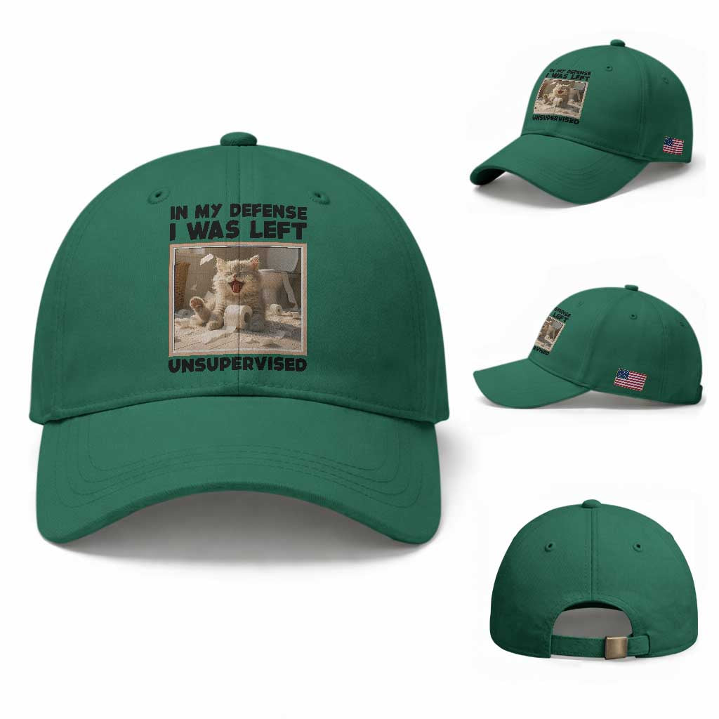 Funny Cat Humor Baseball Cap In My Defense I Was Left Unsupervised