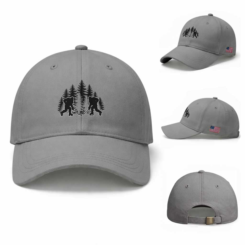 Funny Bigfoot Playing Ice Hockey Baseball Cap Cryptid Lover Gift
