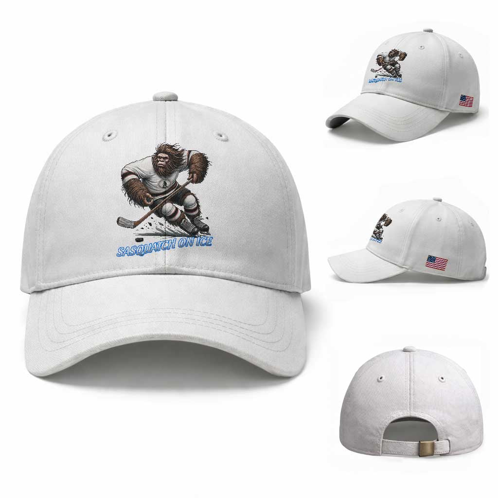 Sasquatch On Ice Baseball Cap Funny Bigfoot Hockey Player Gift