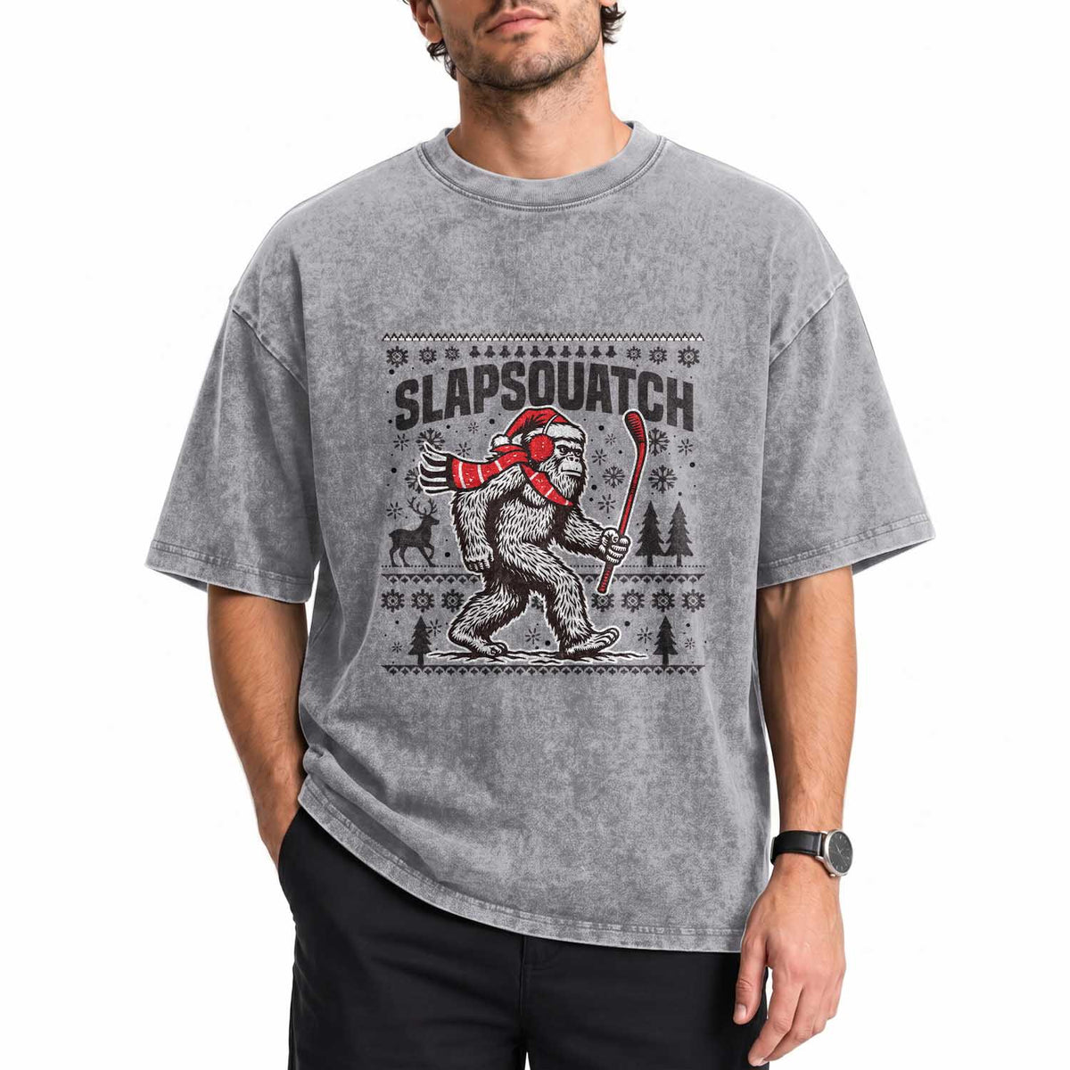 Slapsquatch Hockey Player Washed Cotton T-Shirt Funny Bigfoot Ugly Christmas Gift
