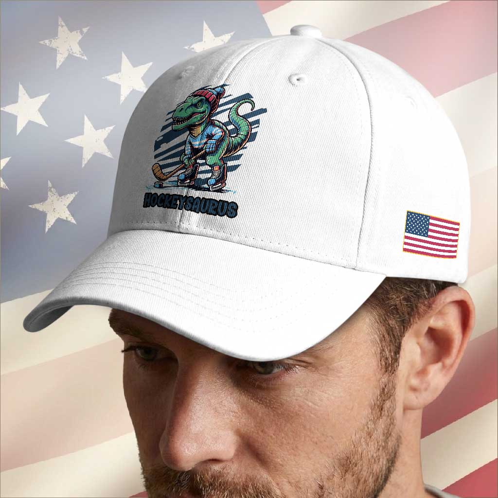 Funny Dinosaur Playing Ice Hockey Baseball Cap Hockeysaurus Gift For Kids