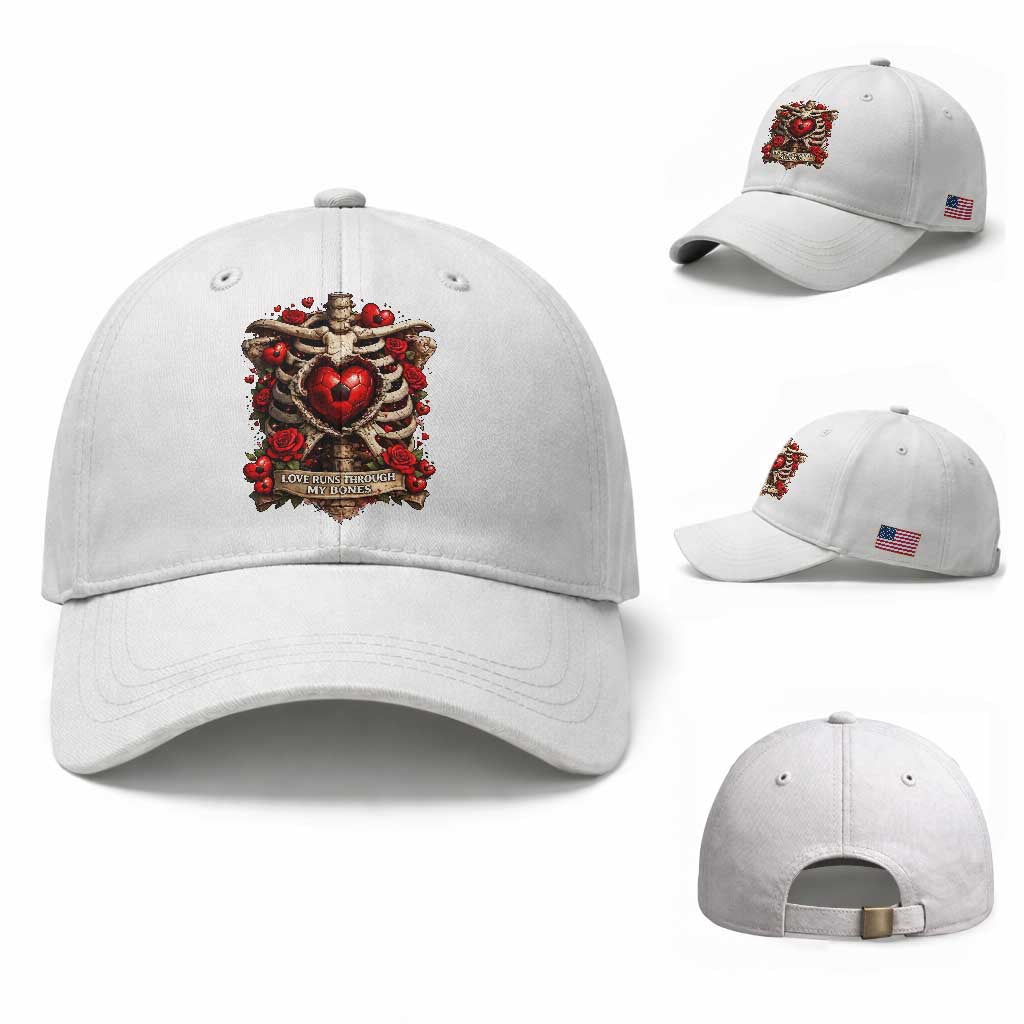Love Runs Through My Bones Baseball Cap Funny Skeleton Soccer Player Gift