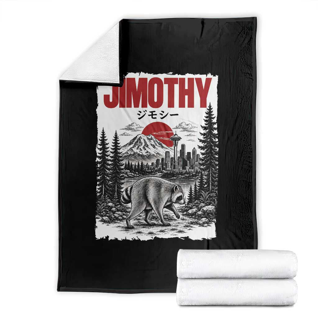 Jimothy The Raccoon Throw Blanket Seattle Skyline Mount Rainier Japanese Retro Vintage Art
