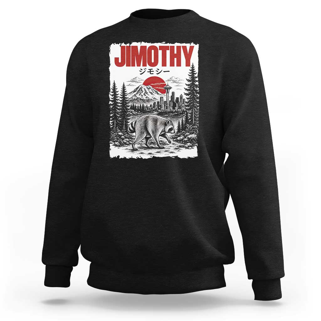 Jimothy The Raccoon Sweatshirt Seattle Skyline Mount Rainier Japanese Retro Vintage Art