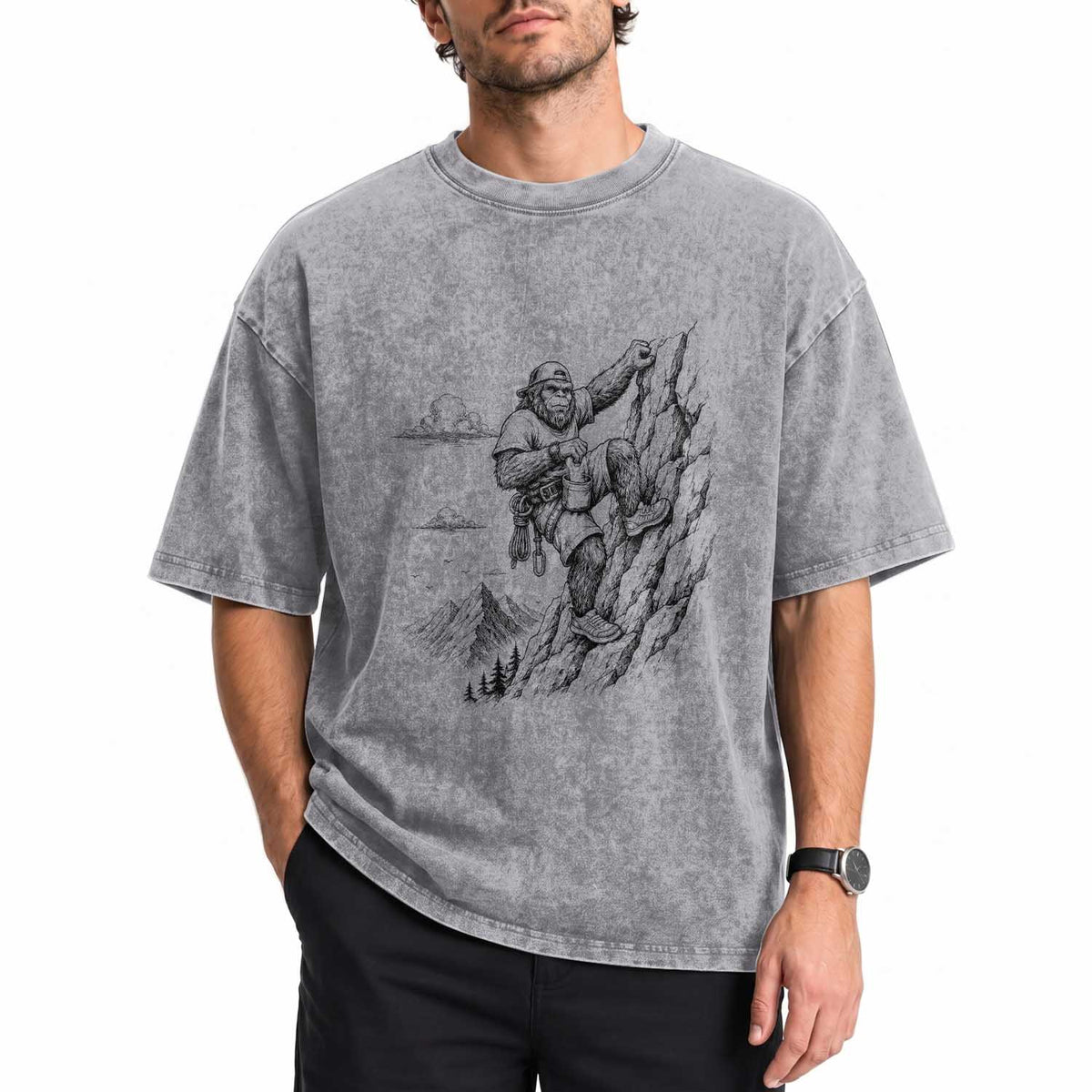 Funny Bigfoot Mountain Climber Washed Cotton T-Shirt Outdoor Hiking Adventure