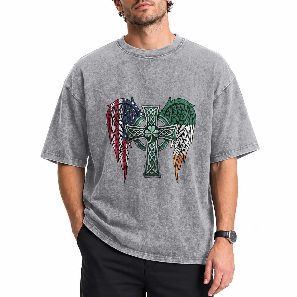 Patriotic Irish American Cross Washed Cotton T-Shirt St Patricks Day Religious Gift