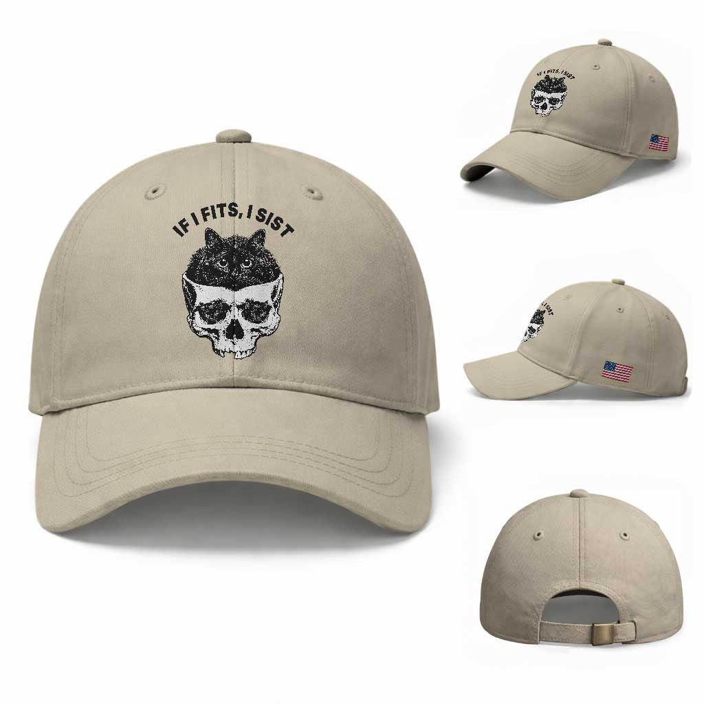 If I Fits I Sits Black Cat Skull Baseball Cap Gothic Dark Humor Gift
