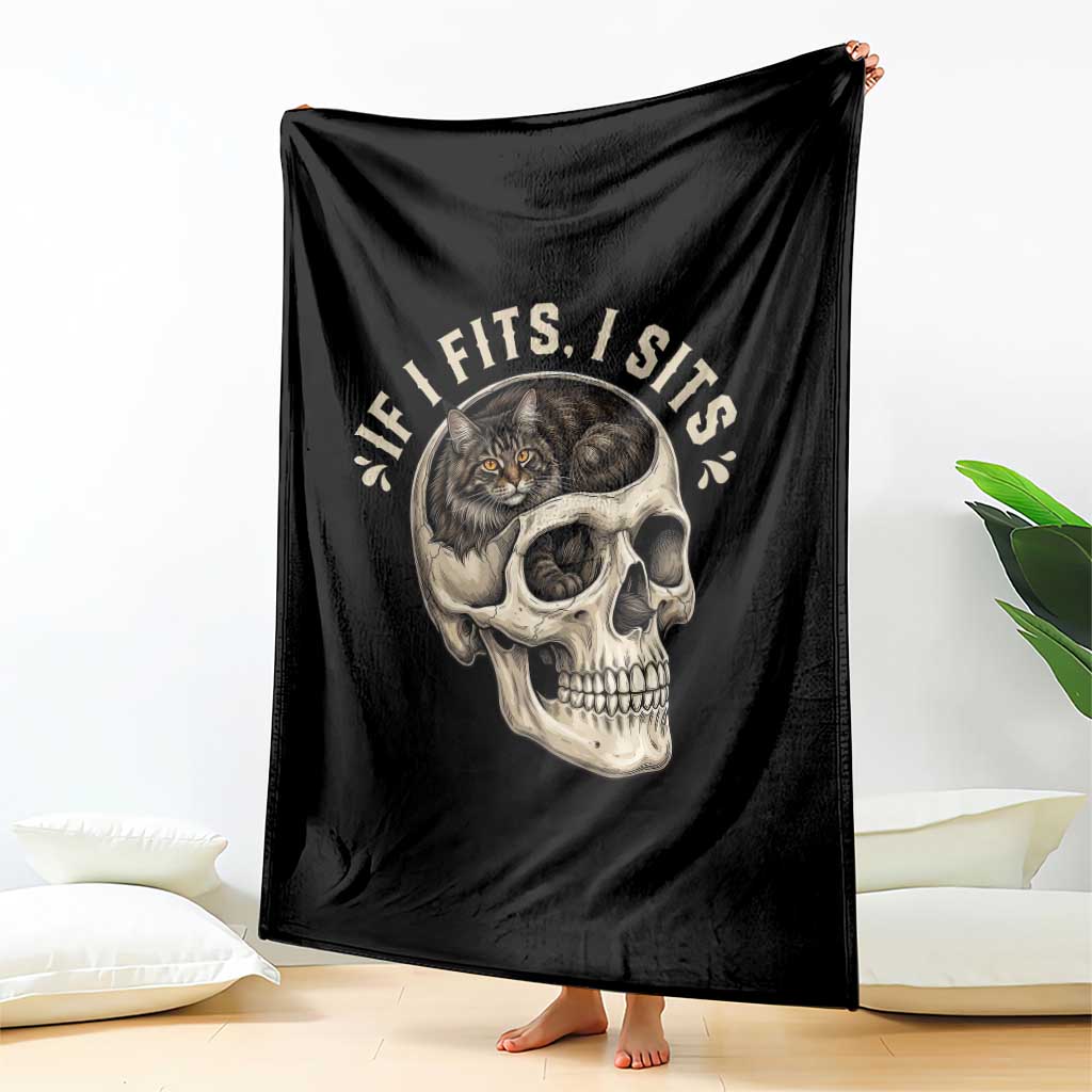 Funny Gothic Black Cat Skull Throw Blanket If I Fits I Sits
