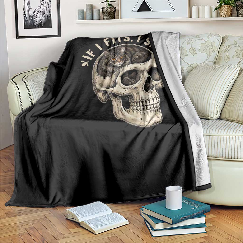 Funny Gothic Black Cat Skull Throw Blanket If I Fits I Sits