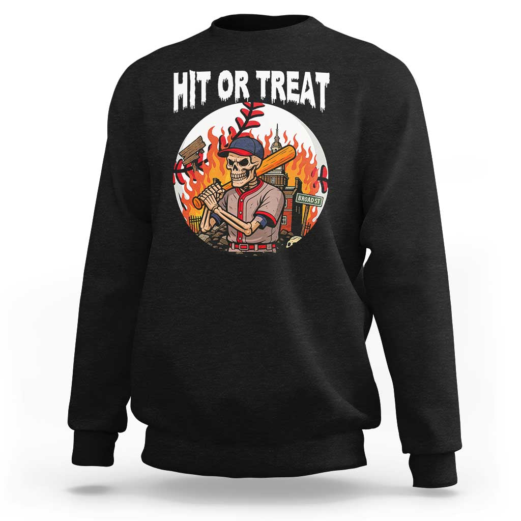 Funny Halloween Baseball Sweatshirt Hit Or Treat Skeleton Player - Wonder Print Shop