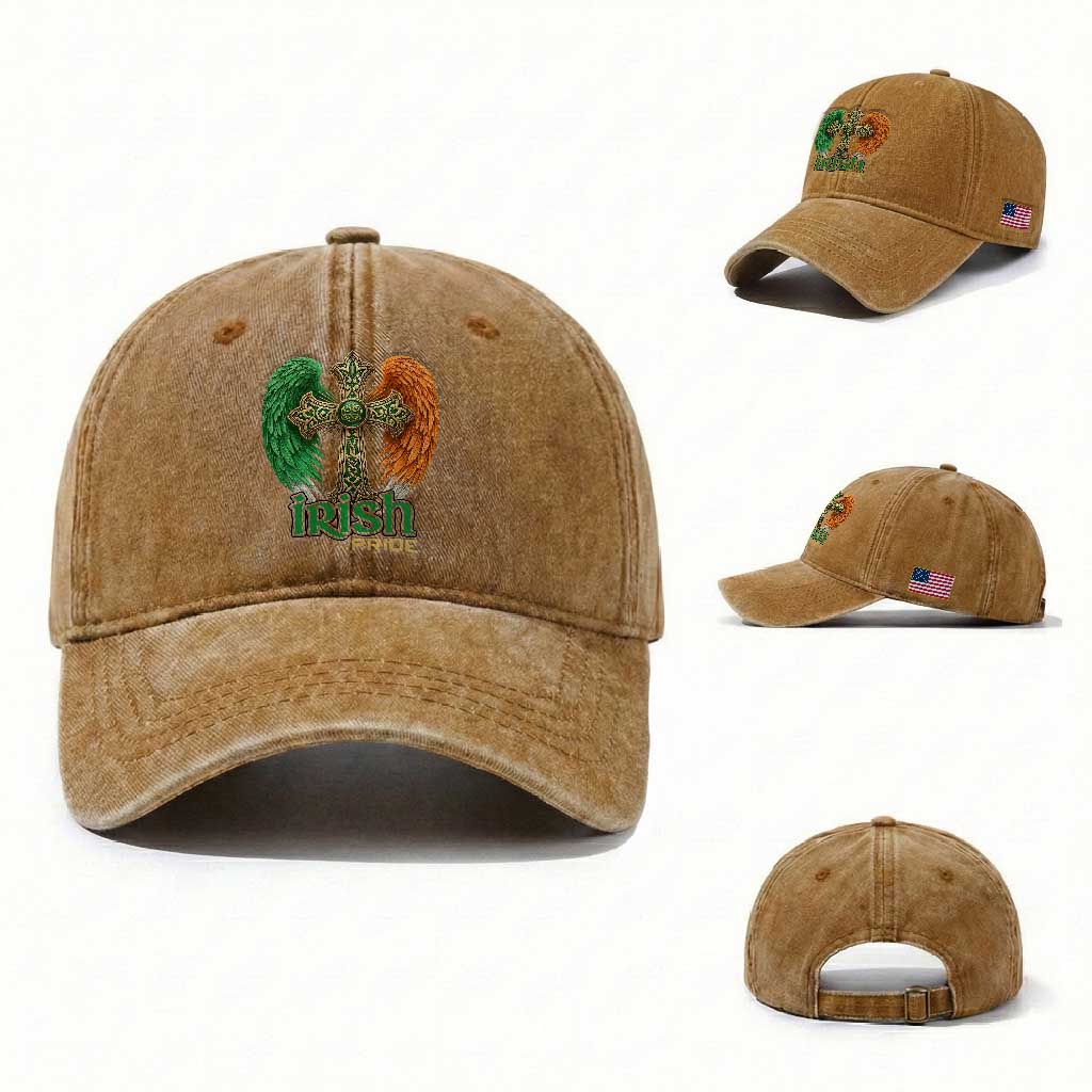Irish Pride Celtic Cross Washed Cotton Baseball Cap Christian Gift