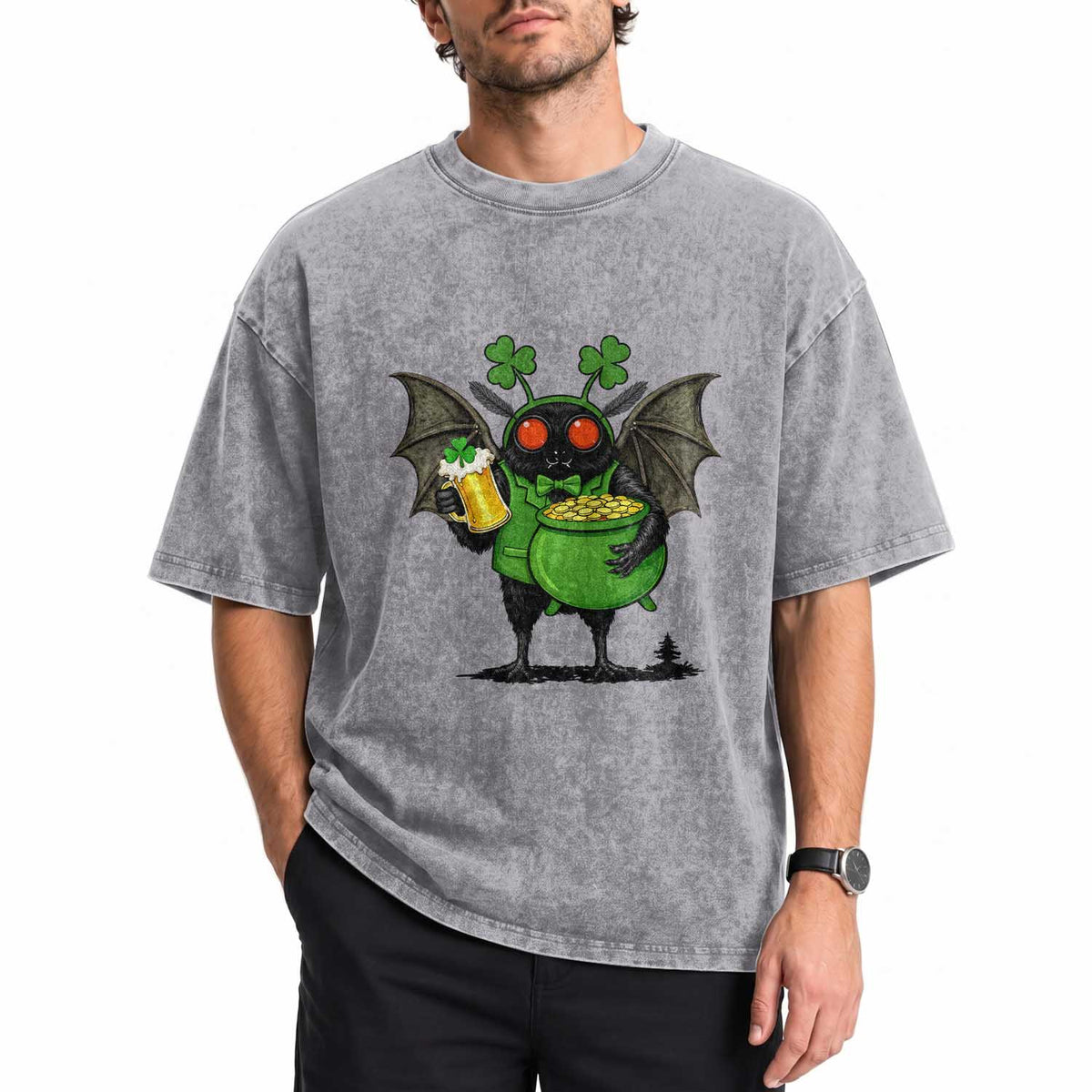 Funny Mothman Washed Cotton T-Shirt St Patricks Day Cryptid Gift
