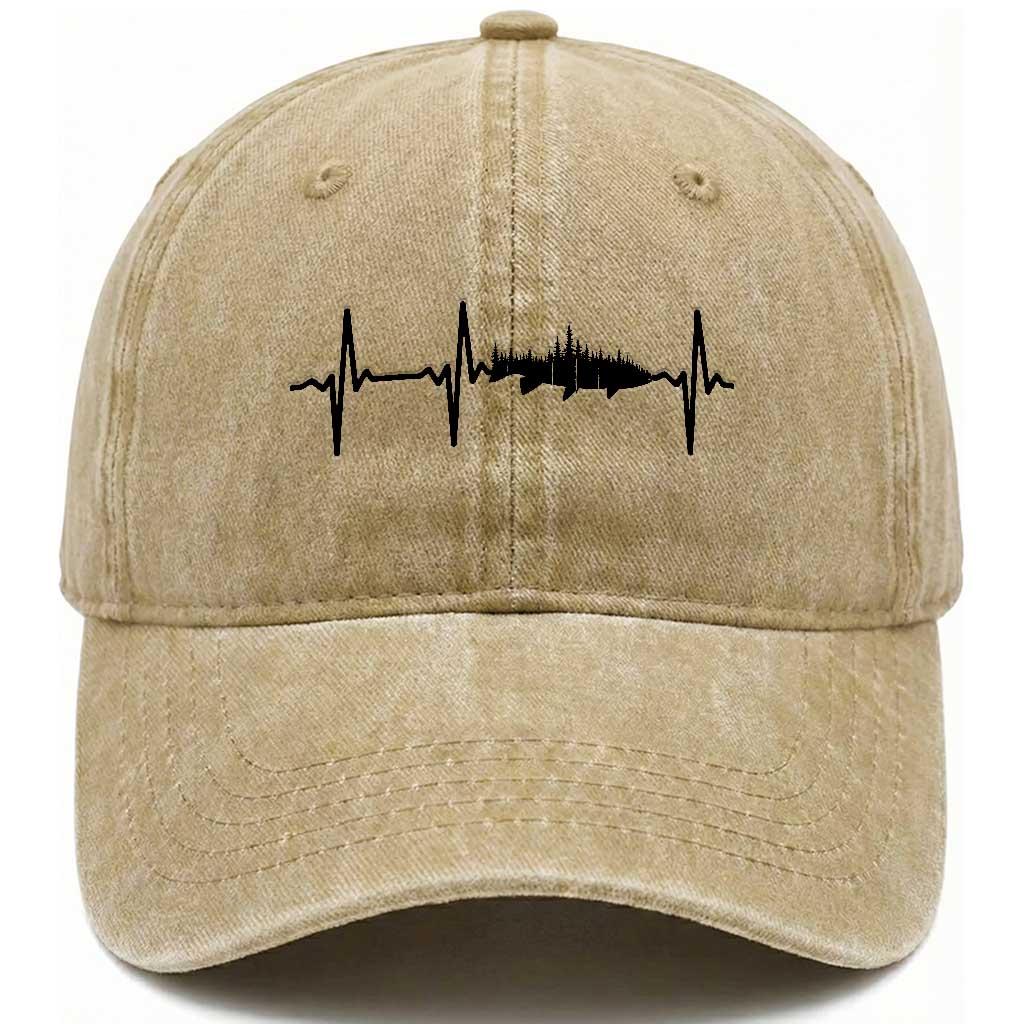 Fish And Forest Fishing Lover Heartbeat Gift Washed Cotton Baseball Cap