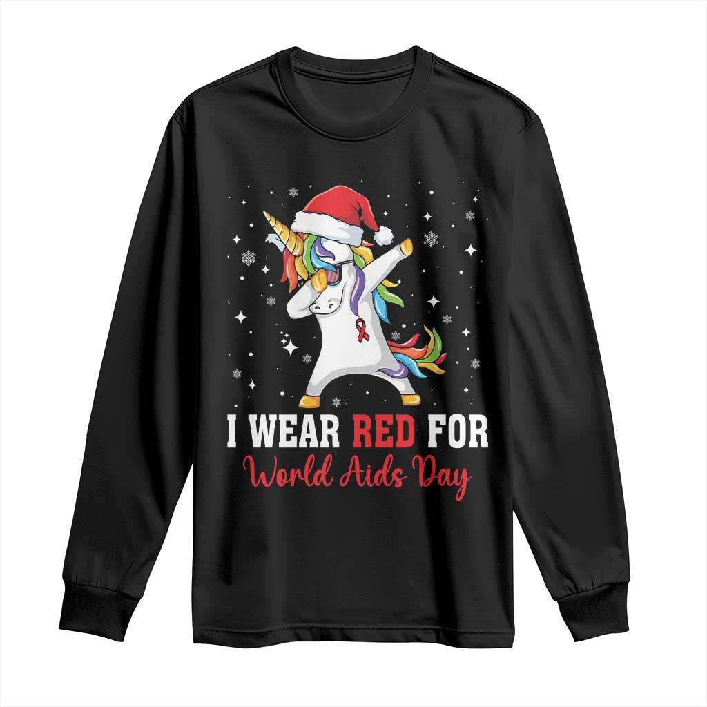 I Wear Red For World AIDS Day Long Sleeve Shirt Santa Unicorn Dabbing Christmas Gift - Wonder Print Shop