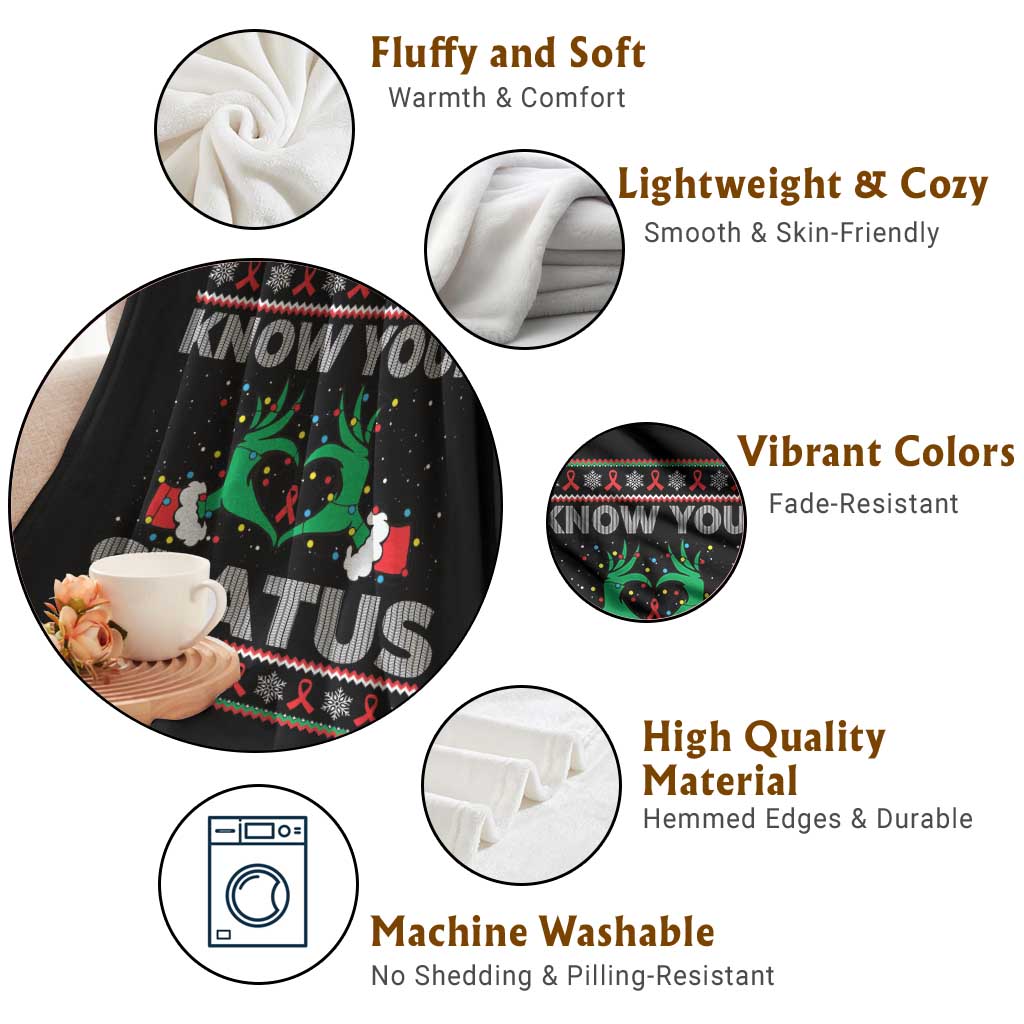 Know Your Status HIV Awareness Gift Throw Blanket Ugly Sweater Green Hand Red Ribbon - Wonder Print Shop