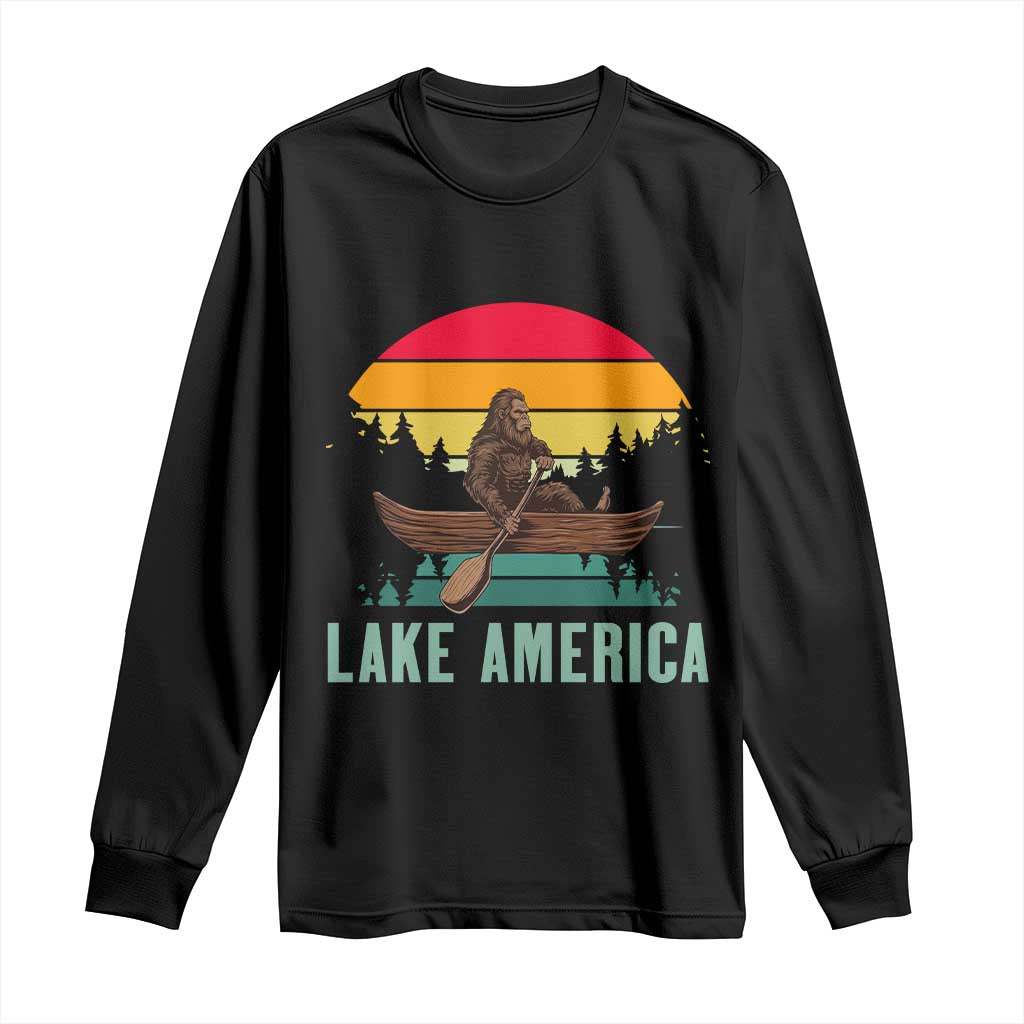 Vintage Lake America Bigfoot Canoe Long Sleeve Shirt Funny Cryptid Boating Adventure