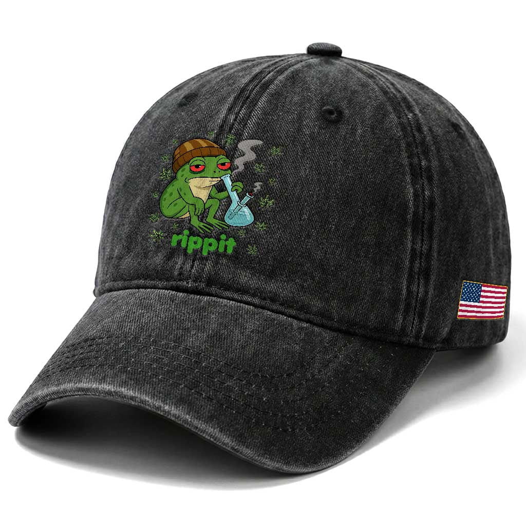 Rippit Frog Washed Cotton Baseball Cap Funny 420 Stoner Weed Humor