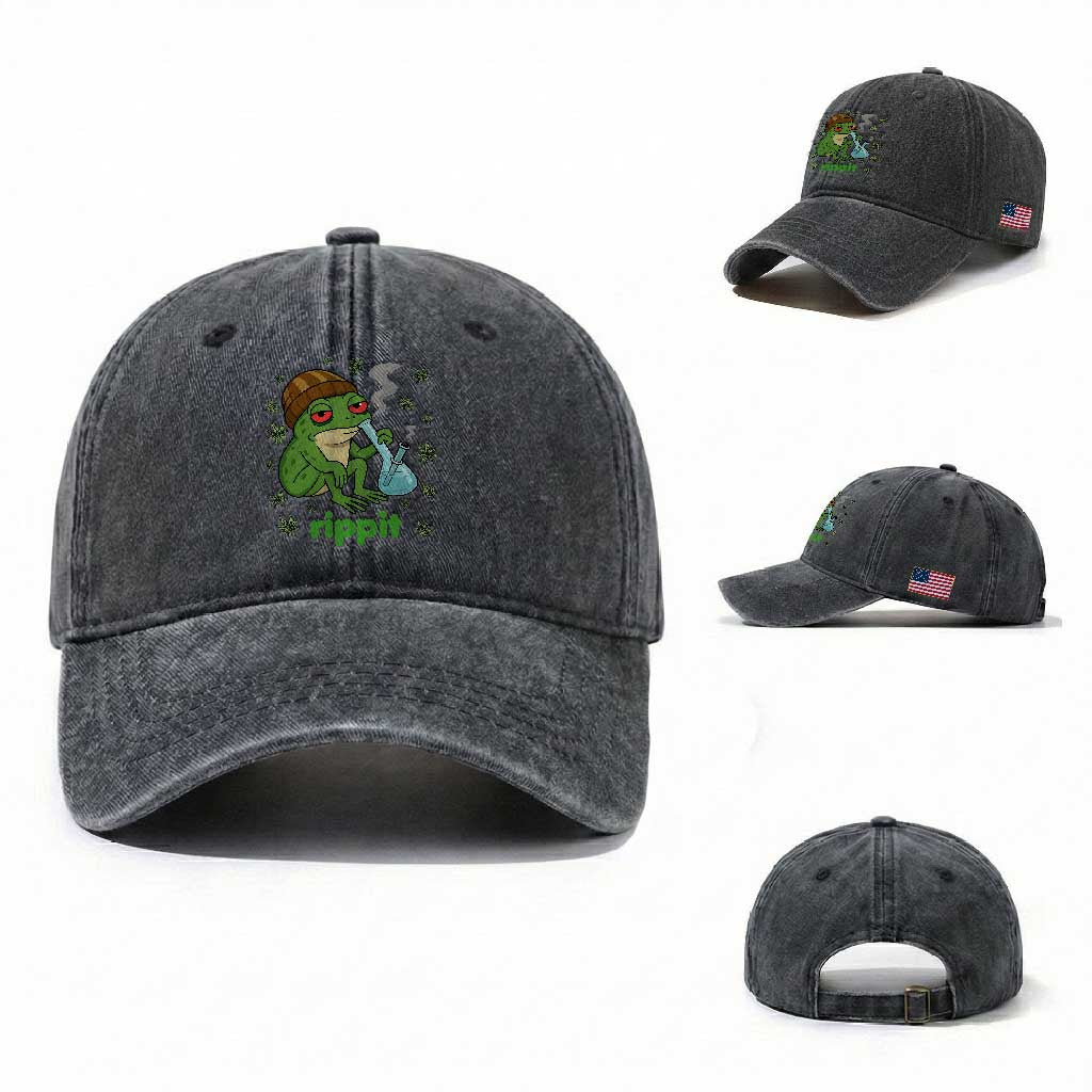 Rippit Frog Washed Cotton Baseball Cap Funny 420 Stoner Weed Humor