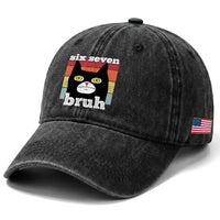67 Bruh Meme Washed Cotton Baseball Cap Funny Six Seven Black Cat