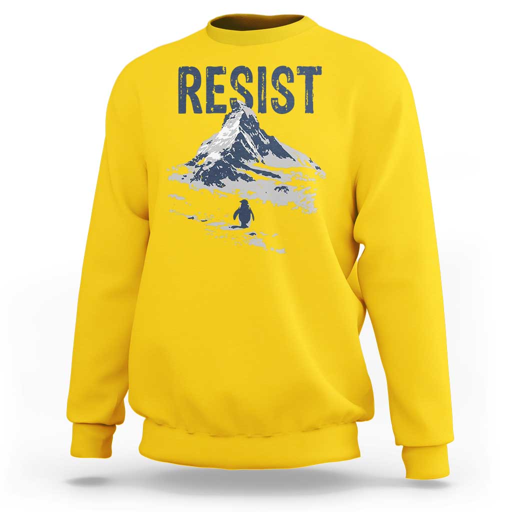 Funny Penguin Protest Sweatshirt Resist Penguin Mountain Hiking Meme