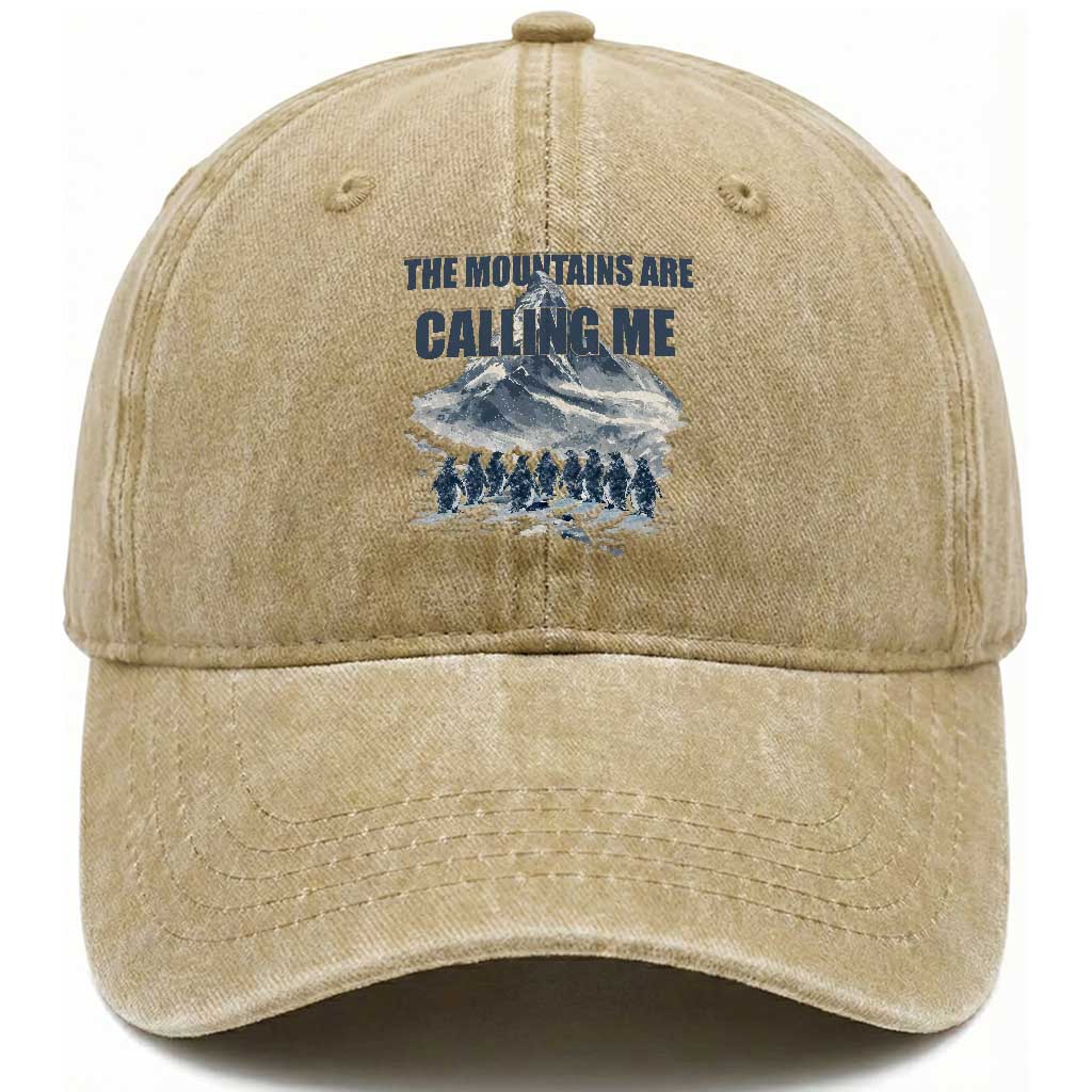 Funny Nihilist Penguin Hiking Washed Cotton Baseball Cap The Mountains Are Calling Me