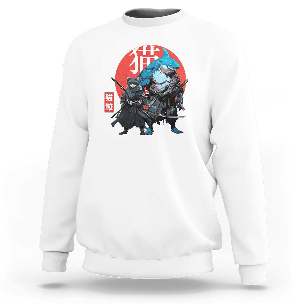 Samurai Cat Shark Sweatshirt Retro Japanese Animal Warrior Art - Wonder Print Shop