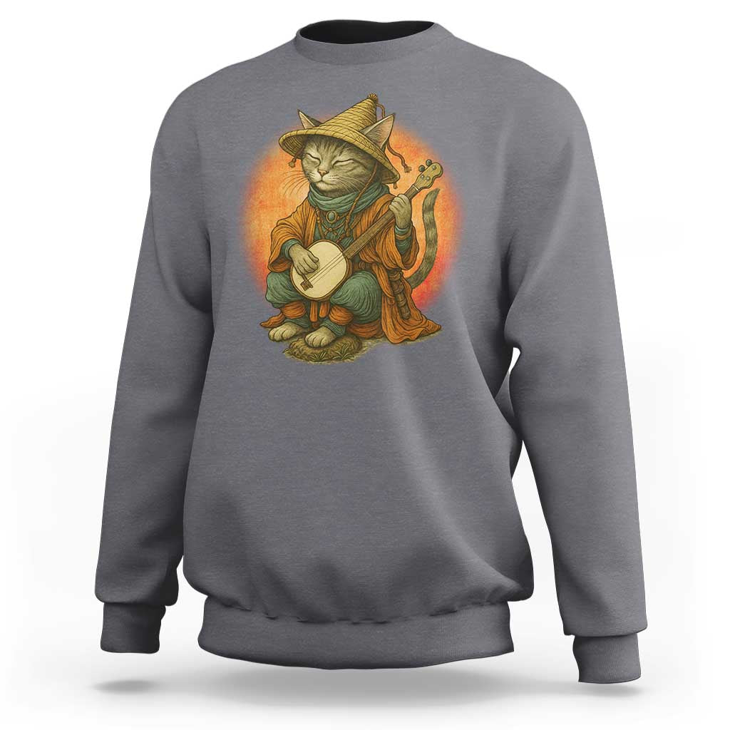 Japanese Samurai Cat Sweatshirt Retro Cat Playing Shamisen Art - Wonder Print Shop