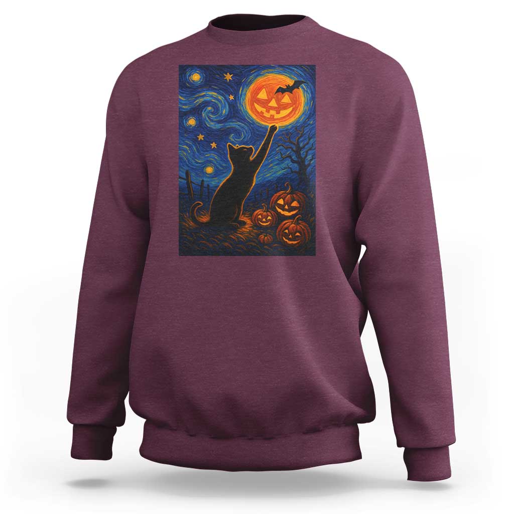 Black Cat Halloween Sweatshirt Starry Night Van Gogh - Wonder Print Shop