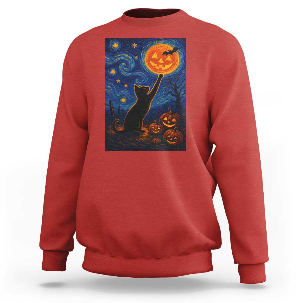 Black Cat Halloween Sweatshirt Starry Night Van Gogh - Wonder Print Shop