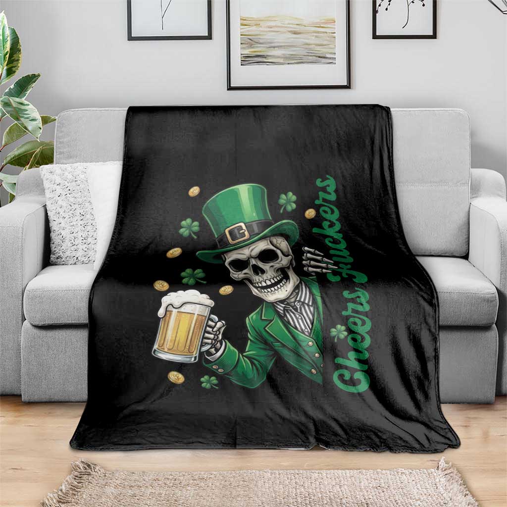 Cheers Fuckers St Patricks Day Throw Blanket Funny Skeleton Drinking Beer
