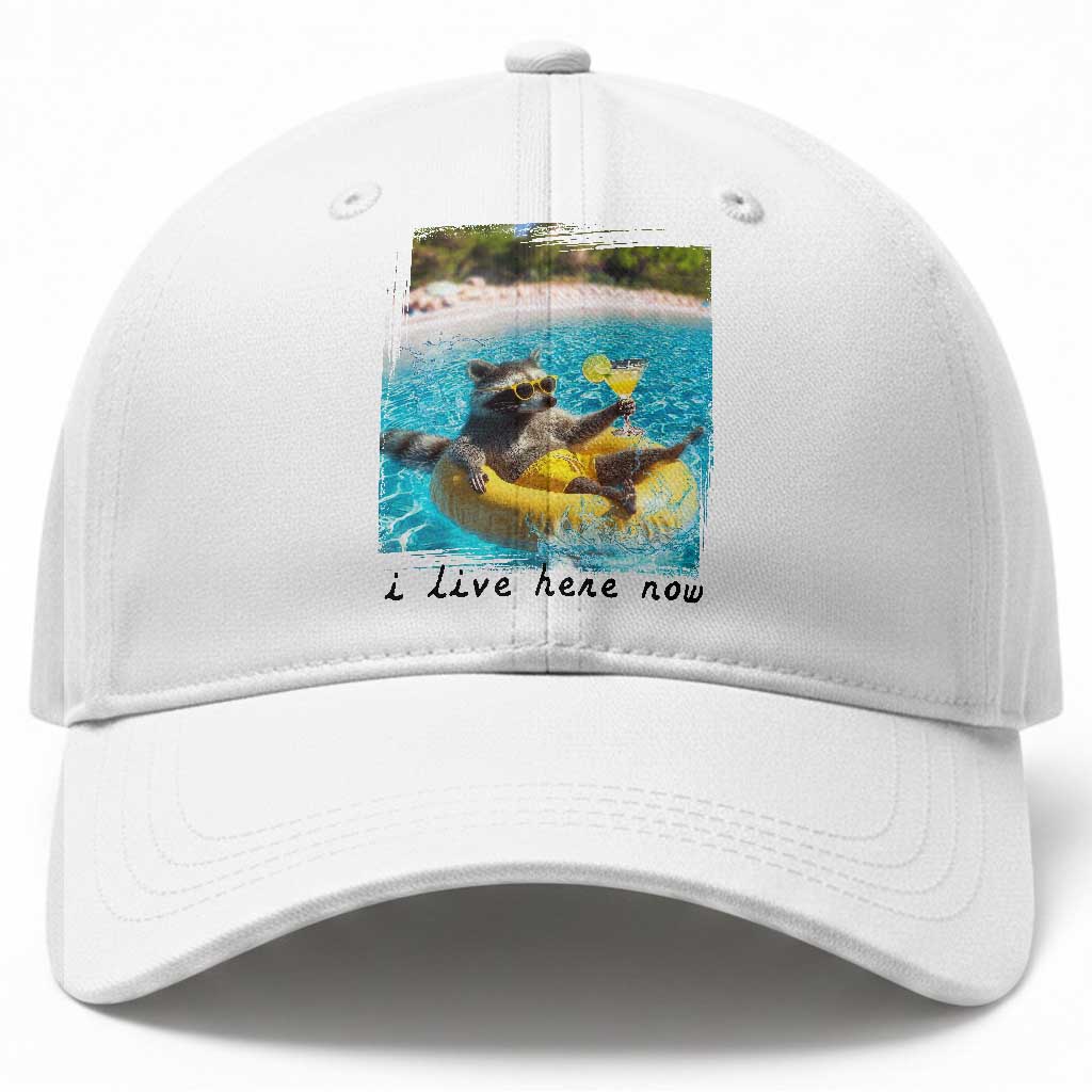 I Live Here Now Raccoon Baseball Cap Funny Summer Vacation Meme