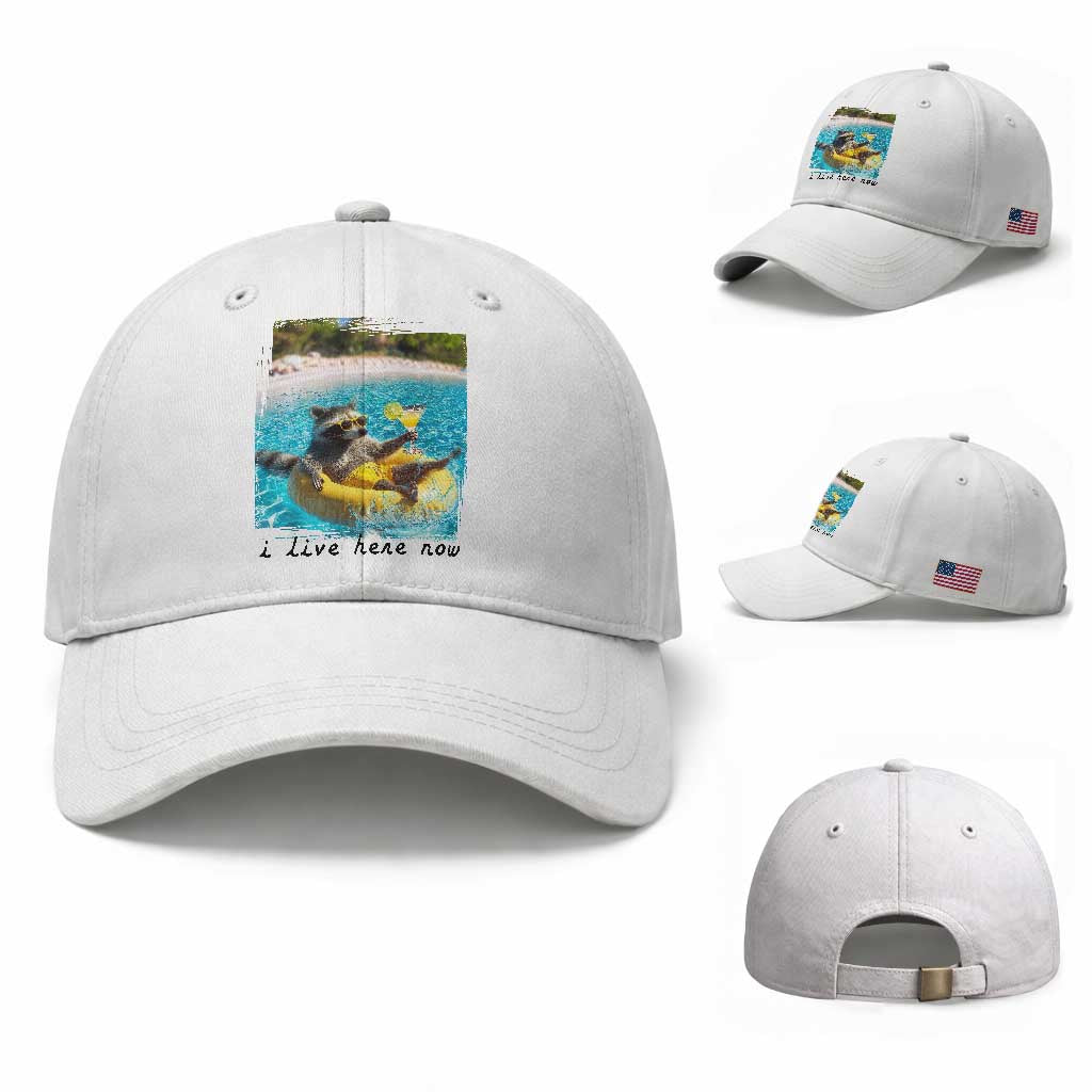 I Live Here Now Raccoon Baseball Cap Funny Summer Vacation Meme