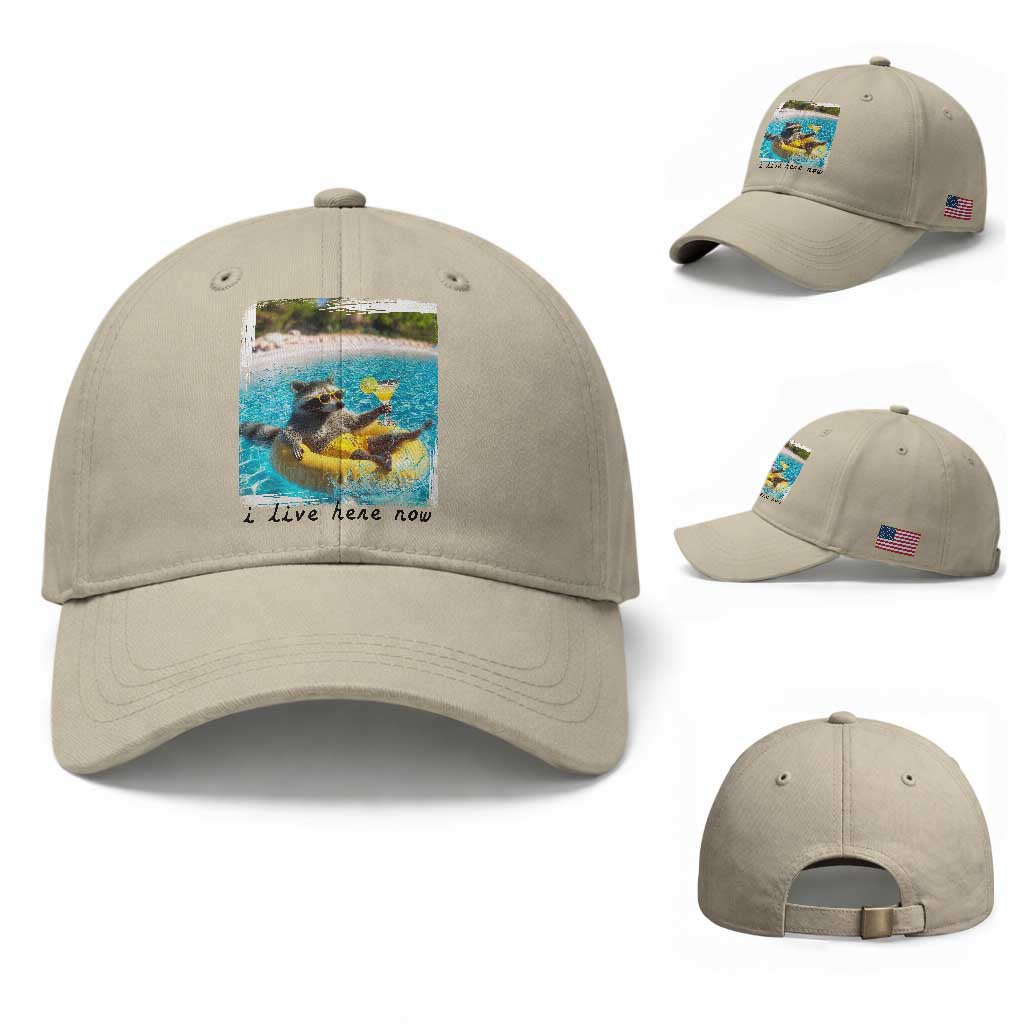 I Live Here Now Raccoon Baseball Cap Funny Summer Vacation Meme
