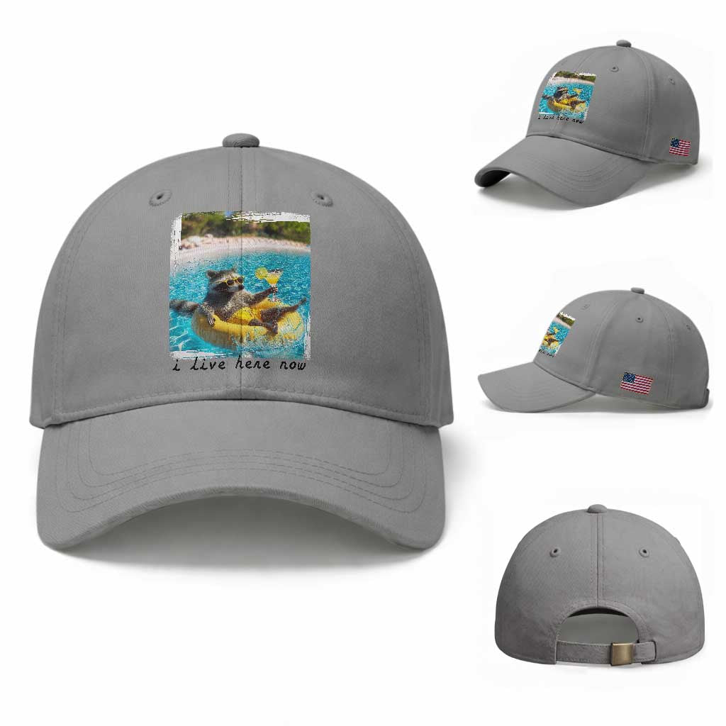 I Live Here Now Raccoon Baseball Cap Funny Summer Vacation Meme