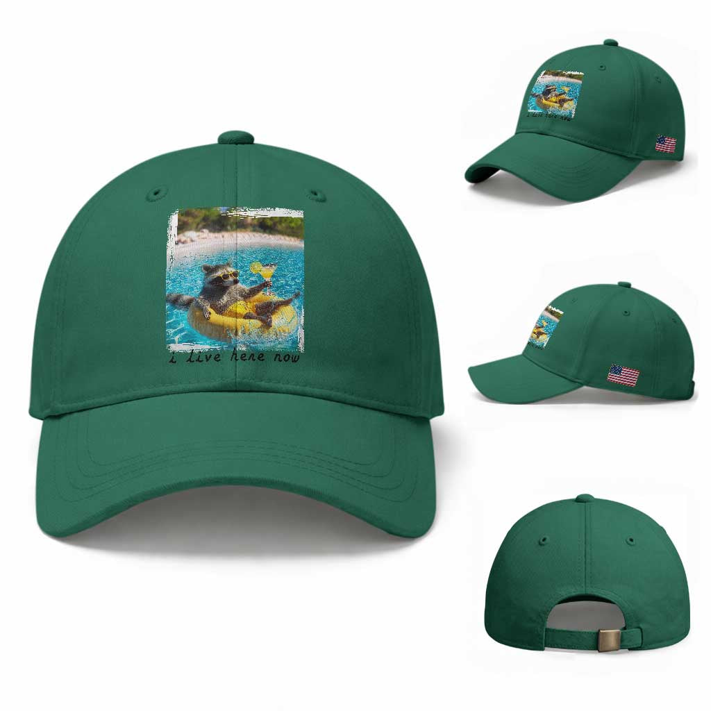 I Live Here Now Raccoon Baseball Cap Funny Summer Vacation Meme