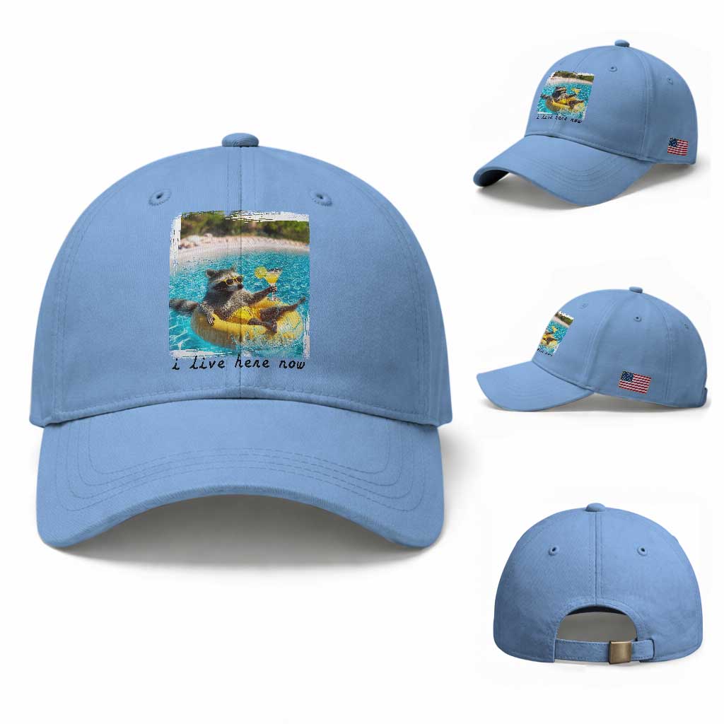 I Live Here Now Raccoon Baseball Cap Funny Summer Vacation Meme