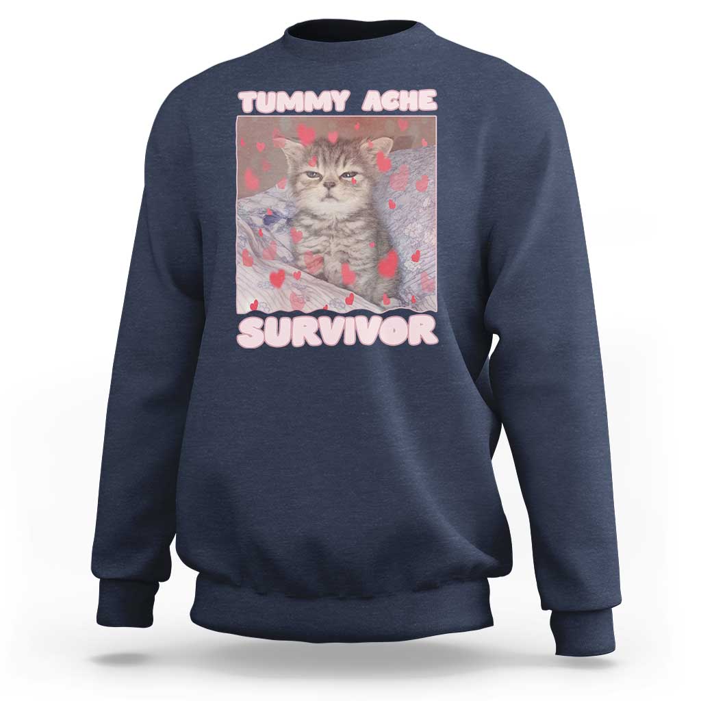 Tummy Ache Survivor Sweatshirt Funny Cute Cat Meme - Wonder Print Shop