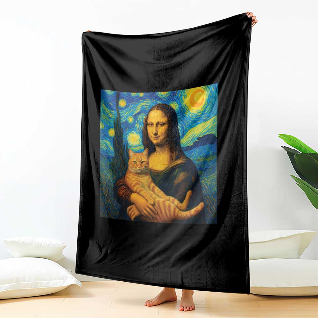 Mona Lisa Cat Starry Night Throw Blanket - Wonder Print Shop