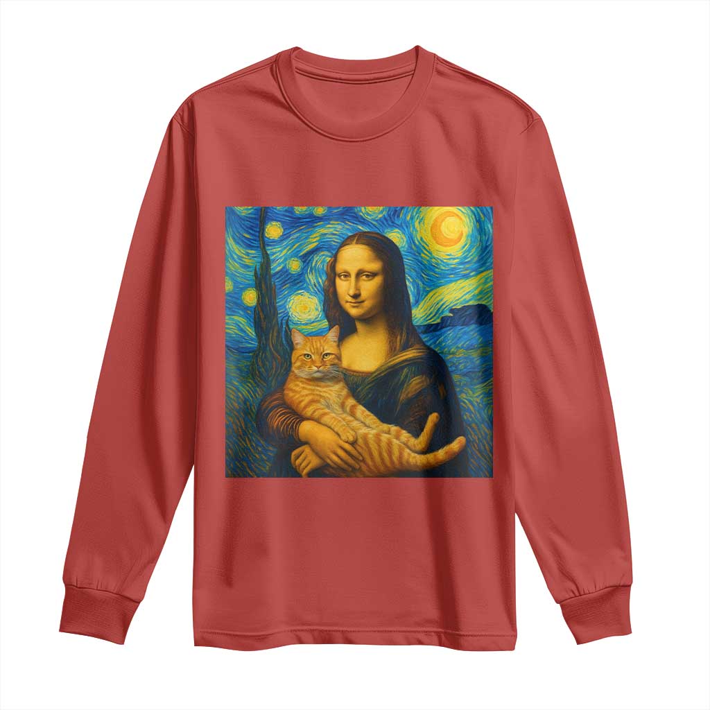 Mona Lisa Cat Starry Night Long Sleeve Shirt - Wonder Print Shop