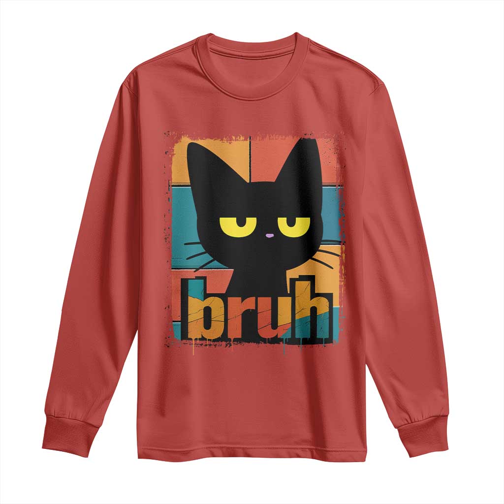 Funny Black Cat Bruh Meme Long Sleeve Shirt Funny Black Cat - Wonder Print Shop