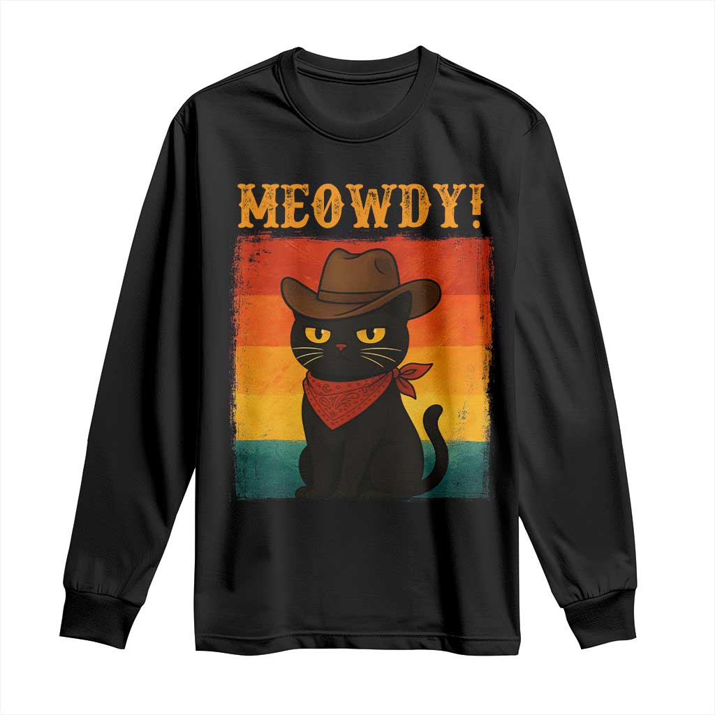 Meowdy Cowboy Cat Long Sleeve Shirt Cute Black Kitten Country Western - Wonder Print Shop