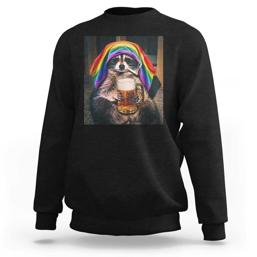 LGBTQ Pride Raccoon Rainbow Flag Sweatshirt Funny Drinking Beer