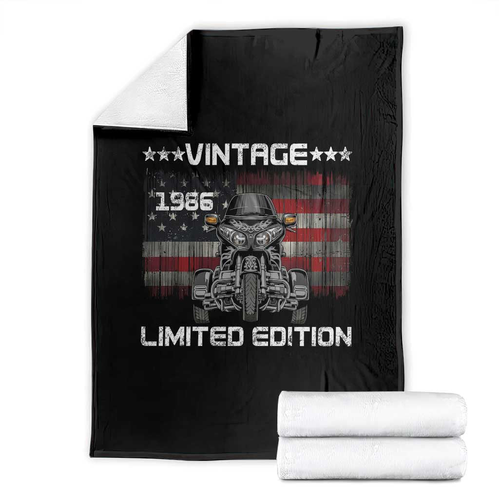 40th Birthday Three Wheel Motorcycle Trike Patriotic American Flag Throw Blanket Vintage 1986 Limited Edition 40 Years Old