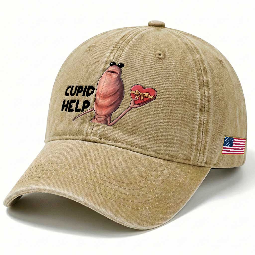 Marcus The Worm Valentine Meme Washed Cotton Baseball Cap Cupid Help