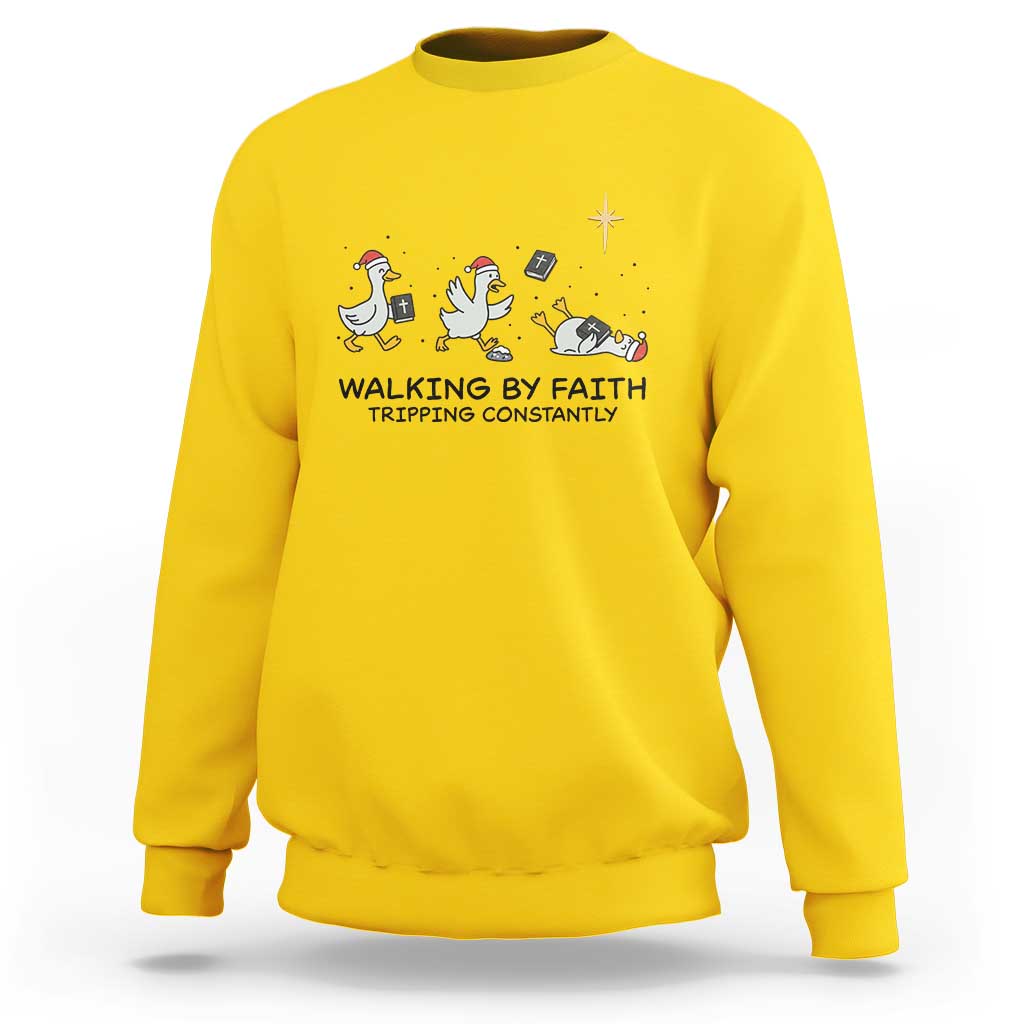 Funny Christian Goose Christmas Sweatshirt Walking By Faith Tripping Constantly - Wonder Print Shop