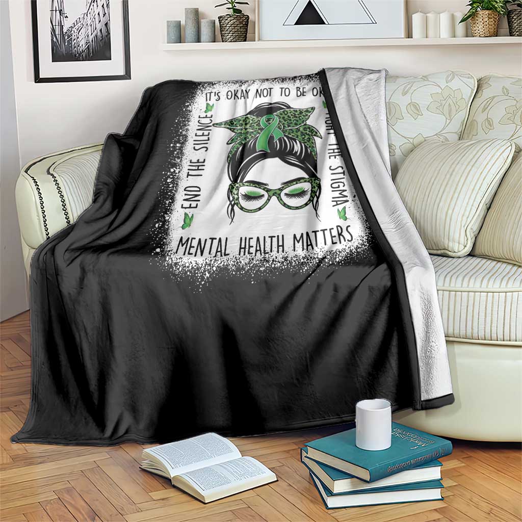 Mental Health Matters Throw Blanket Messy Bun Green Ribbon Support