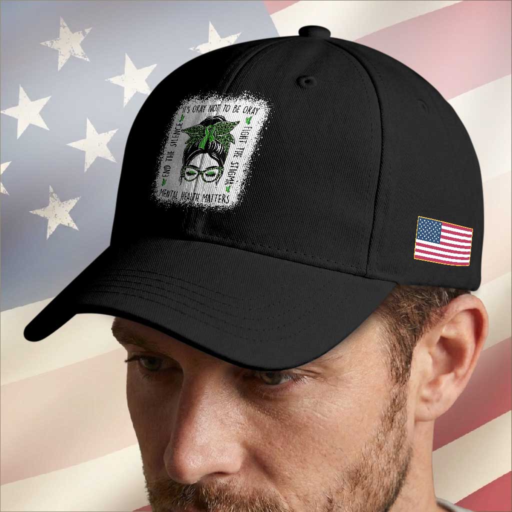 Mental Health Matters Baseball Cap Messy Bun Green Ribbon Support